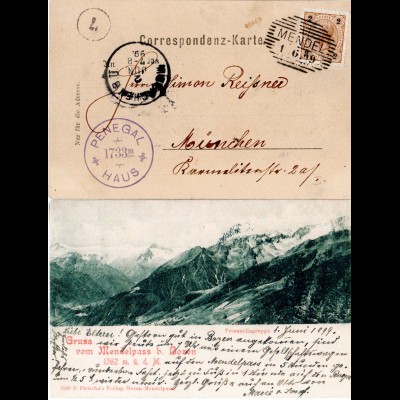 Österreich 1899, MENDEL Schraffenstpl. klar auf AK m. Cachet-Stpl. Penegal Haus