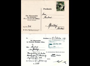 DR 1939, 6 Pf. WHW auf Gemeinde Karte v. Karpfham m. Bürgermeister Unterschrift