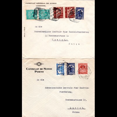 Portugal 1936, 2 Konsulat Biefe v. Porto/Lisboa i.d. Schweiz