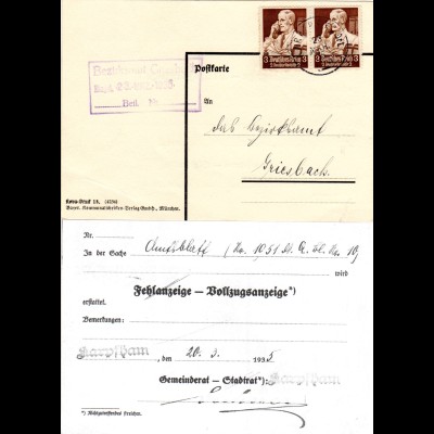 DR 1935, 2x3 Pf. auf Gemeinde Karte v. KARPFHAM m. Gemeinderats Unterschrift