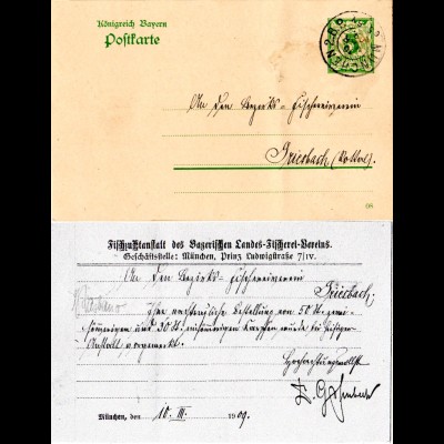 Bayern 1909, 5 Pf. Ganzsache m. Zudruck d. Bay. Landes Fischerei Vereins München