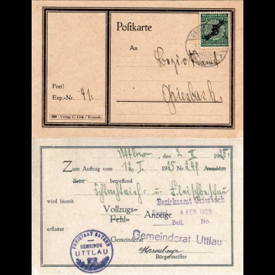 DR 1925, 5 Pf. auf Gemeinde Karte v. UTTLAU m. Bürgermeister Unterschrift