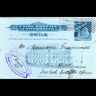 Chile 1912, 6/3 C. Ganzsache v. Santiago n. Bethanien DSWA