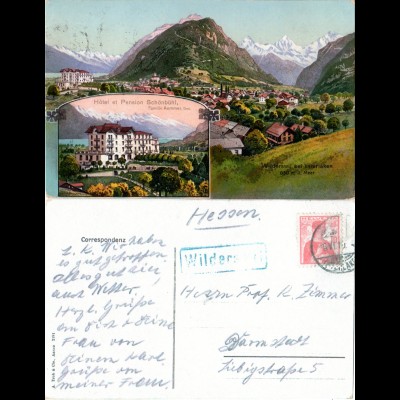 Schweiz, Wilderswil m. Hotel Schönbühl, 1910 gebr. Farb-AK m. blauem Rahmenstpl.