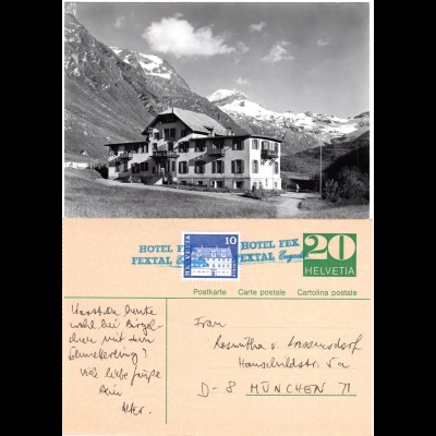 Schweiz, Hotel Fex, Fextal, Engadin, sw-AK u. Ganzsache m. blauem Hotel Stpl.
