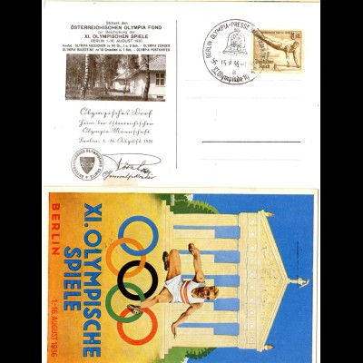 DR 1936, XI. Olympische Spiel Berlin, Farb AK m. entsprechendem Sonderstempel