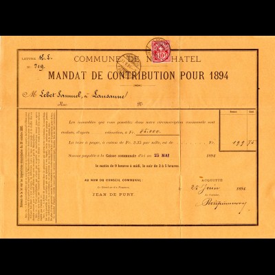 Schweiz 1894, 10 C. auf Formular Mandat De Contribution v. NEUCHATEL