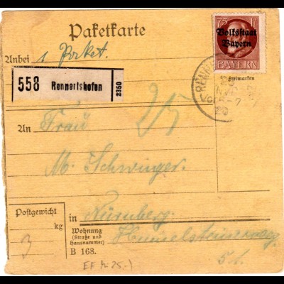 Bayern 1920, EF 75 Pf. Volksstaat auf Paketkarte v. RENNERTSHOFEN