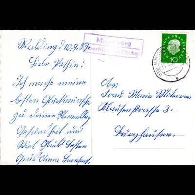 BRD 1959, Landpost Stpl. MAUERBERG über Mühldorf auf Karte m. 10 Pf. 