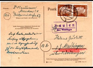 DR 1945, Landpost Stpl. HAUSEN über Nördlingen auf Nachsende Karte v. Freising