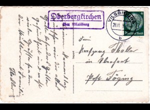 DR 1938, Landpost Stpl. OBERBERGKIRCHEN über Vilsbiburg auf Karte m. 6 Pf.