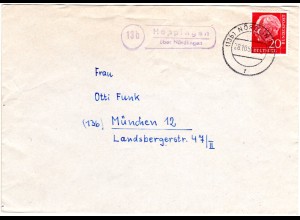 BRD 1958, Landpost Stpl. 13b HOPPINGEN über Nördlingen auf Brief m. 20 Pf.