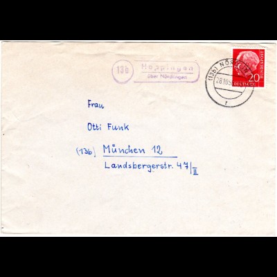 BRD 1958, Landpost Stpl. 13b HOPPINGEN über Nördlingen auf Brief m. 20 Pf.