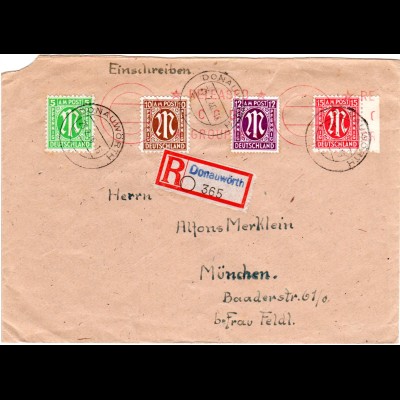 1946, 5+10+12+15 Pf. portorichtig auf Einschreiben Brief v. DONAUWÖRTH.