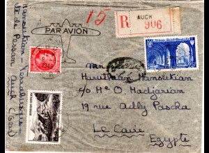 Frankreich 1949, 3 Marken auf Luftpost Einschreiben Brief v. AUCH n. Ägypten