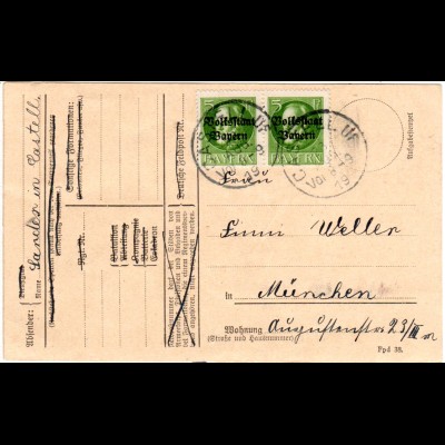Bayern 1919, MeF Paar 5 Pf. Volksstaat auf Postkarte v. CASTEL Uf.