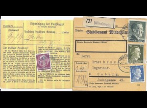 DR 1942, Windsheim, eingestempelter Zettel auf Paketkarte m. 4 Marken. #2123