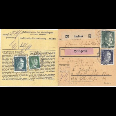 DR 1942, Nördlingen, Paketkarte m. Dringend -Beförderung. #2203