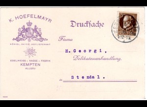 Bayern 1915, 3 Pf. auf Edelweiss Käse Fabrik Reklame Karte v. KEMPTEN
