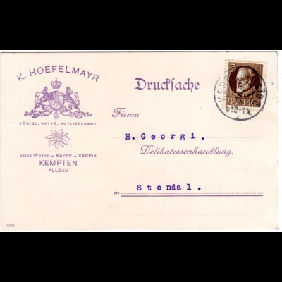 Bayern 1915, 3 Pf. auf Edelweiss Käse Fabrik Reklame Karte v. KEMPTEN