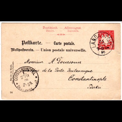 Bayern 1895, 10 Pf. Ganzsache v. LANDAU i. Pfalz i.d. Türkei