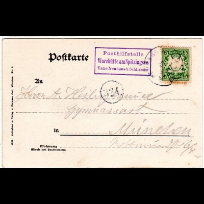 Bayern 1904, Posthilfstelle Wurzhütte am Spitzingsee Taxe Neuhaus b. Schliersee
