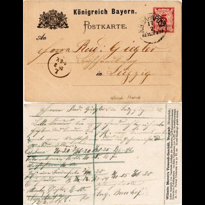 Bayern 1887, Bahnpost Weissb. Mainz auf Ganzsache m. Zudruck v. Neustadt Pfalz