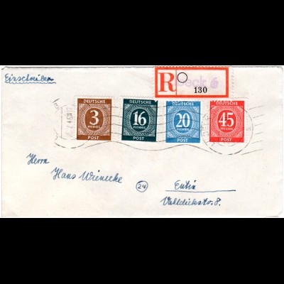 1946, portorichtiger R-Brief m. eingestempeltem Reko Zettel v. Lübeck 6