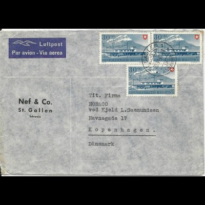 Schweiz 1947, Pro Patria, MeF 3x30 C. auf Luftpost Brief v. St. Gallen. #1027