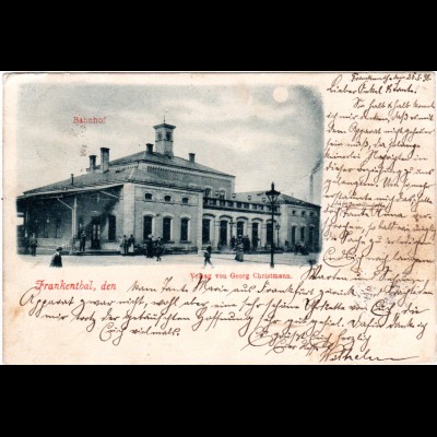 Frankenthal, Bahnhof m. Personen, frühe, 1898 gebr. sw-AK