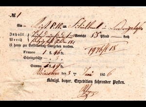 Bayern 1856, Postschein f. ein Wert Paket v. Weinzabern, Pfalz