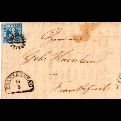 Bayern 1855, 3 Kr. auf Brief m. MR 89 FRANKENTHAL n. Frankfurt.