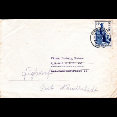 Saar 1950, EF 25 F. Heiliges Jahr auf portorichtigem Brief v. Homburg n. München