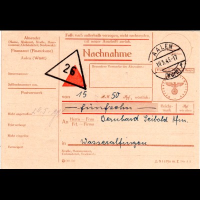 DR 1944, Finanzamt Aalen, Nachnahme Karte Frei durch Ablösung Reich 