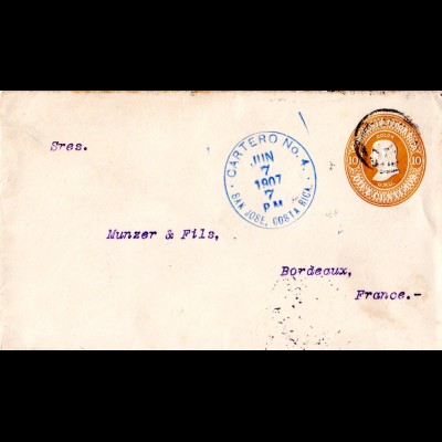 Costa Rica 1907, 10 C. Ganzsache Umschlag m. rücks. Zudruck United Fruit Company