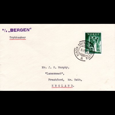Norwegen 1951, Schiffspostbrief m. Stpl. Bergen-Stavanger Natruten + D/S Bergen