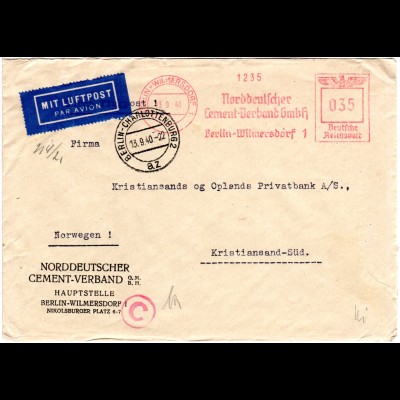 DR 1940, Berlin Wilmersdorf Zement Verband Maschinen Freistpl.auf Luftpost Brief