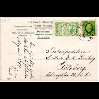 Schweden 1903, 5 öre u. grüne Spendenmarke auf Karte v. TROLLHÄTTAN 