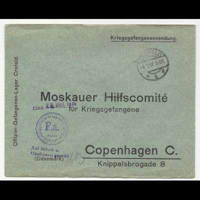 DR 1917, KGF POW Zensur Brief v. Offizier Lager Krefeld n. Dänemark. #297