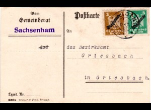 DR 1927, 3+5 Pf. Dienst auf Karte v. Gemeinderat Sachsenham ab RAINDING