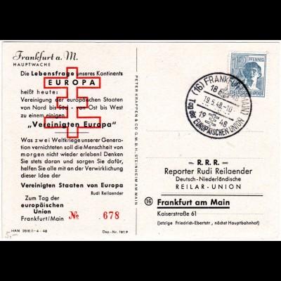 1948, Sonderstempel Tag d. europäischen Union auf limitierter Karte v. Frankfurt