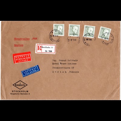 Schweden 1956, MeF 4x40 öre auf Luftpost Einschreiben Express Brief i.d. Schweiz