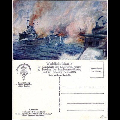 SMS Scharnhorst u. Gneisenau i.d. Seeschlacht bei Coronel, Chile, Farb-AK