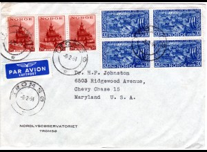 Norwegen 1954, 7 Marken auf Luftpost Brief v. TROMSÖ n. USA