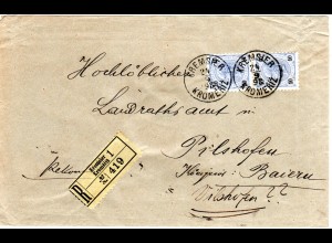 Österreich 1898, Paar 10 Kr. auf schönem Reko Brief v. KREMSIER n. Bayern