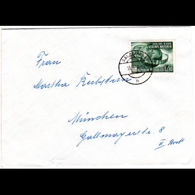 Österreich 1956, EF 2,40 S. 10 Jahre UNO auf Brief v. Salzburg