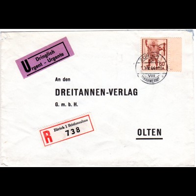 Schweiz 1944, 60 C. m. Bogenrand u. Druckzeichen auf Reko Brief v. Zürich