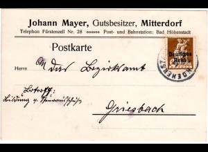 DR 1921,40 Pf. auf Vordruck Karte v. Gut Mitterdorf m. Stpl. HOEHENSTADT