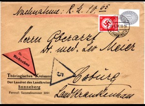 DR 1934, 12+20 Pf. Dienst Mischfrankatur auf Nachnahme Brief v. Sonneberg
