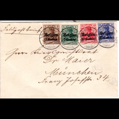 Belgien 1915, Brief m.4 Marken v. Charleroi an einen Kriegsgerichtsrat n. Bayern